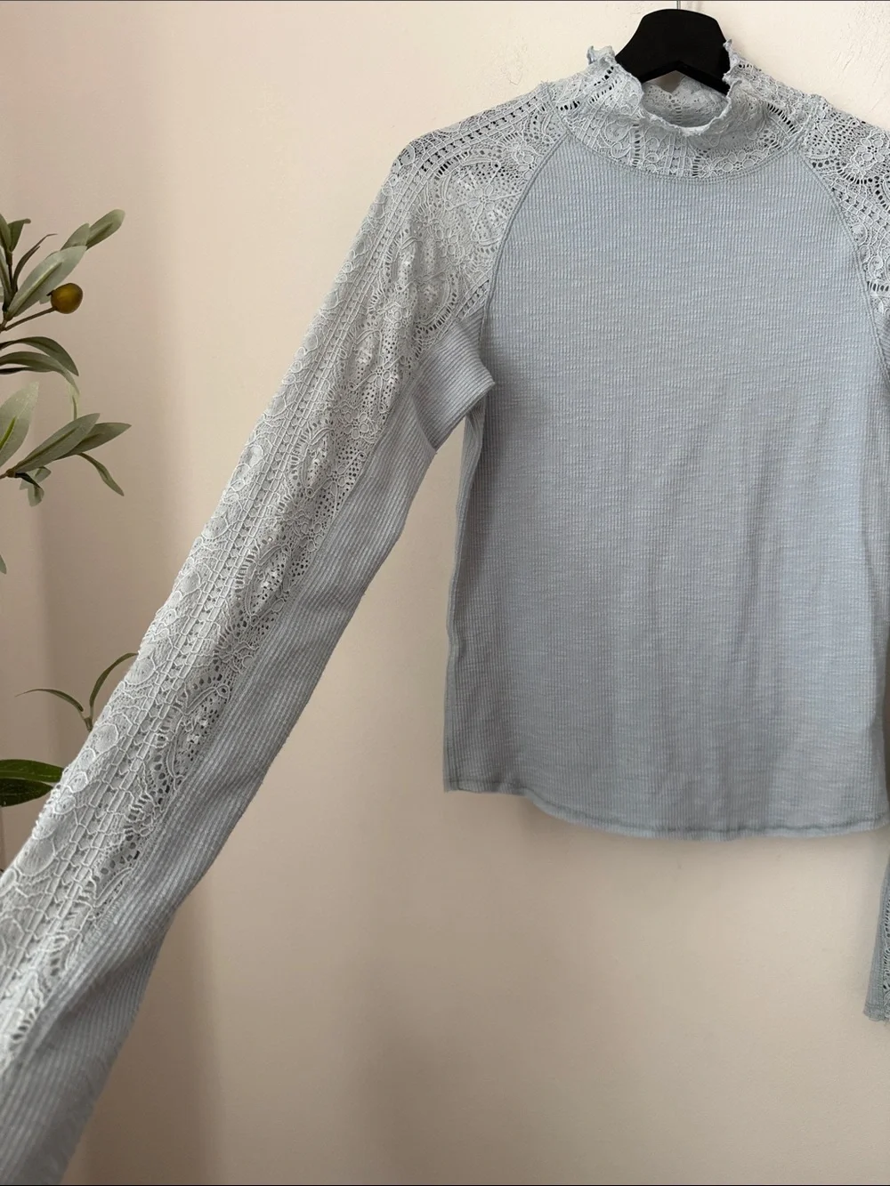 Free People Light Blue Lace-Trim Mock Neck Long Sleeve Top Size M